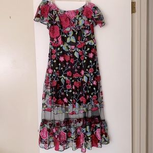 Dress the population embroidered off the shoulder dress